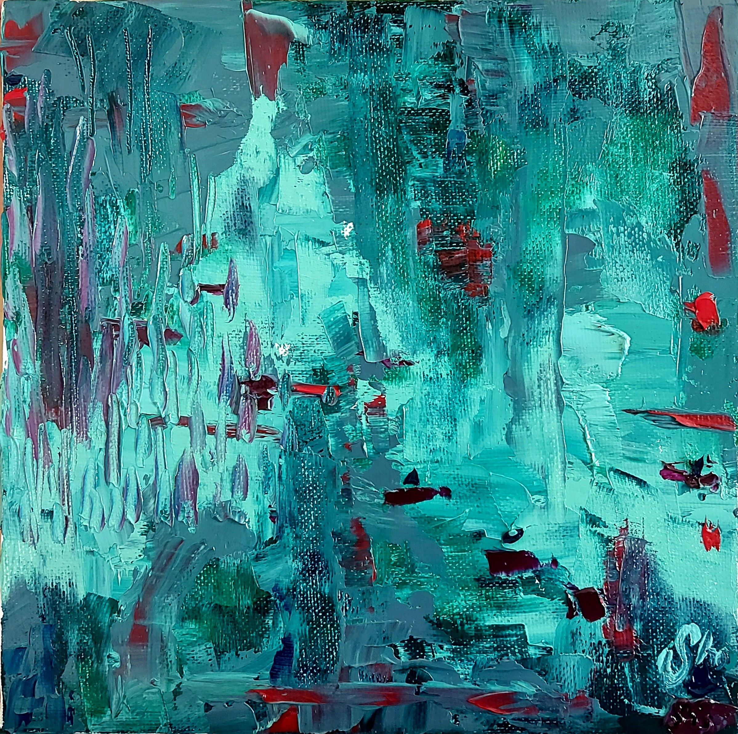 abstract painting in light green aqua colours with red splashes