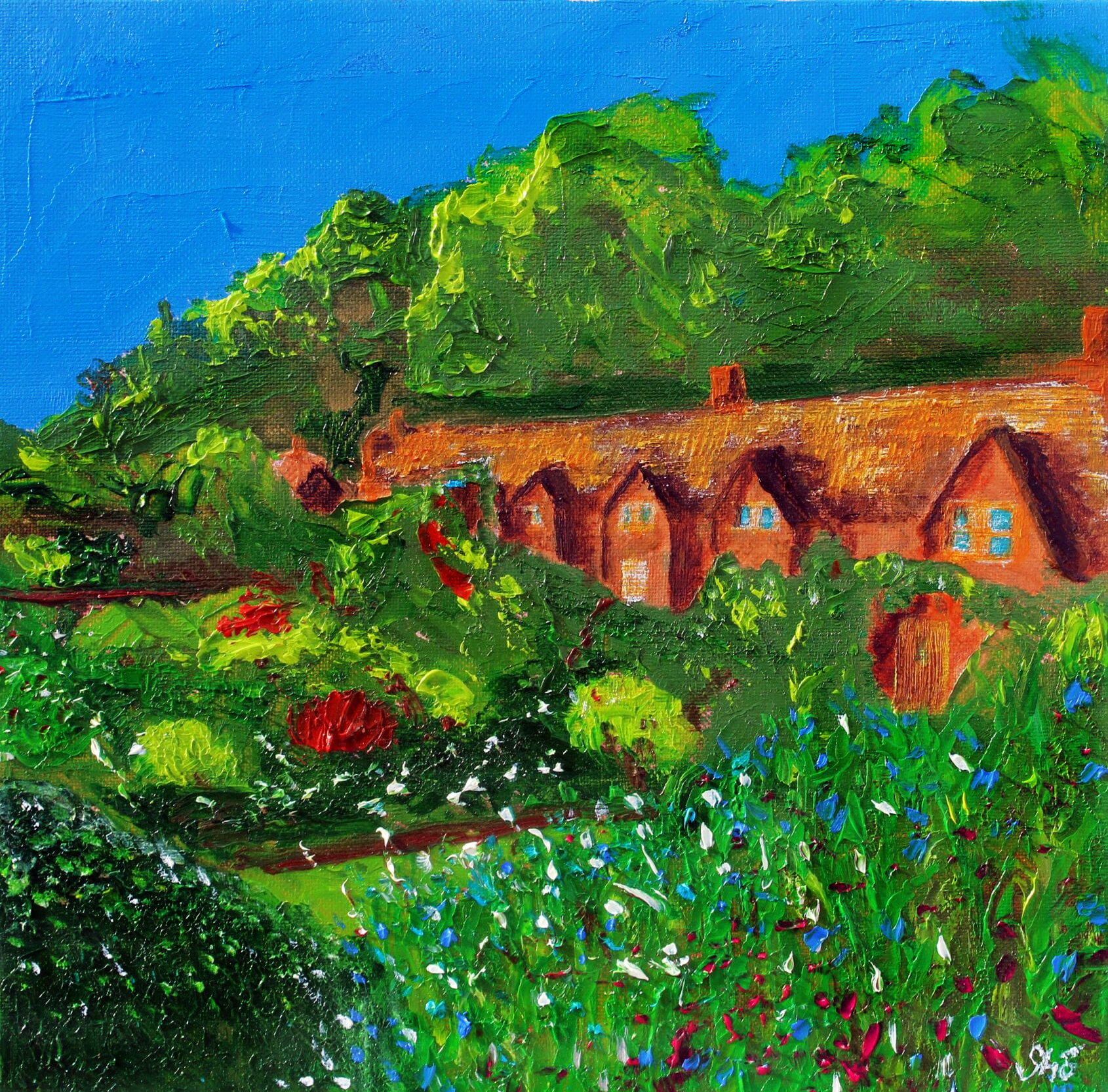 oil painting of small cottages on the left going into the distance with trees at the back and wildflowers to the front