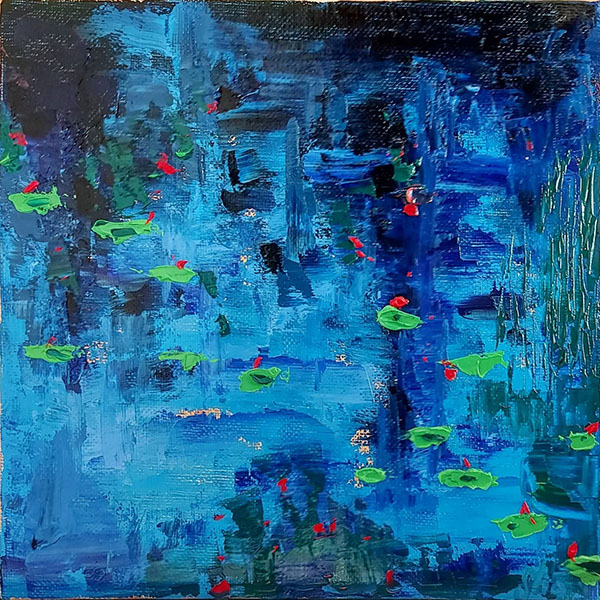 abstract oil painting in blues with green splashes and red dots