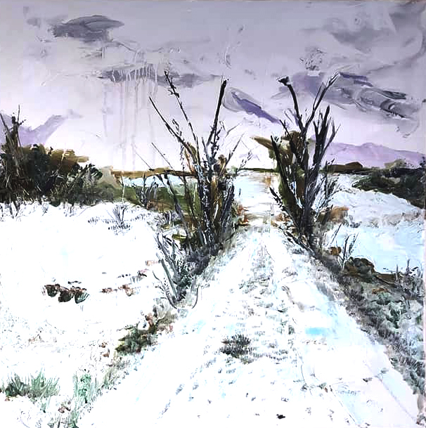 snowy scene painted in oils with a laneway leading to the horizon and some sparse trees and vegetation amongst the snow. Stormy clouds above